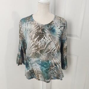Bryn Walker Linen Top Womens S Brown Green Tropical Palm Leaves Boho Tropical